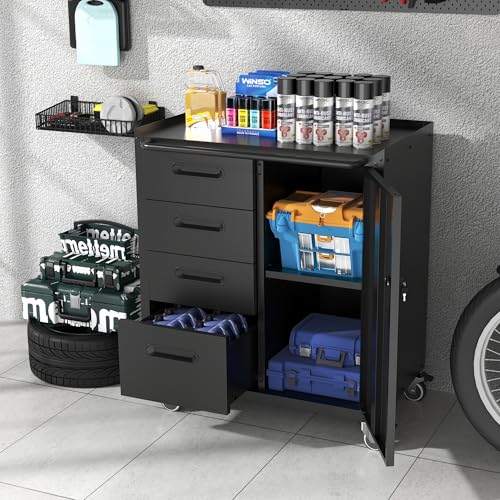 Metal Storage Cabinet for Garage (Black / M - 4 Drawers & 1 Door (Wheeled))