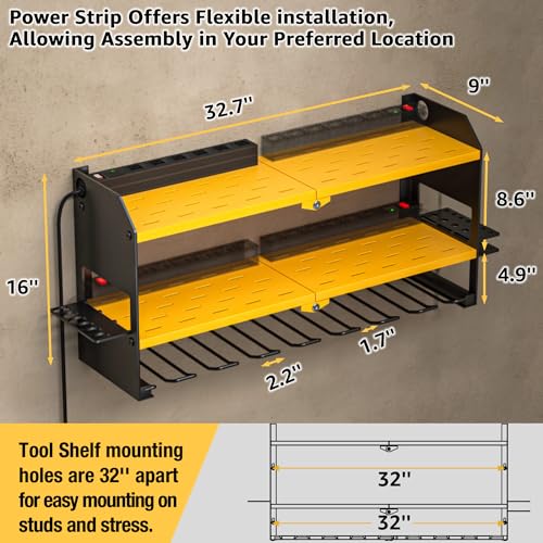 Power Tool Organizer with Charging Station Wall Mount (with Power Strip / Yellow)