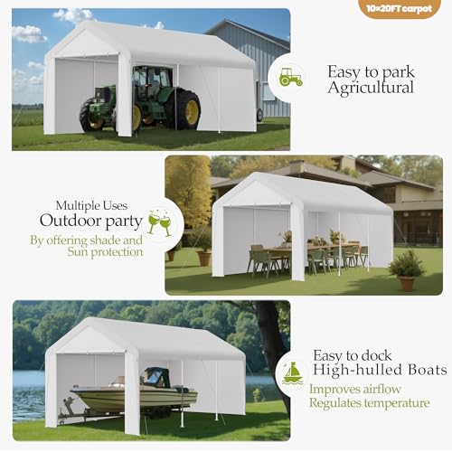 10x20 Carport Heavy Duty Portable Garage Shelter w (White / 10x20 with sidewalls)