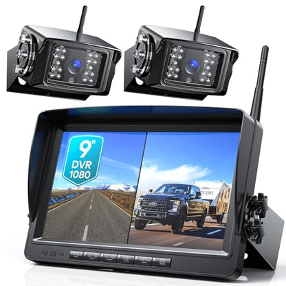 HD 1080P 9" Wireless RV Dual Backup Camera System with Recording (Black / 9 inches)