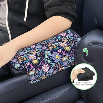 Hippie Flower Lotus Car Center Console Cushion Cover Universal Armrest Box Mat Scratch Resistant Wear (Hippie Flower Lotus Blue Violet)