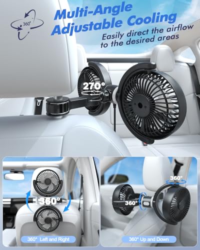 Car Fan USB Powered for Baby Backseat with 3 Speed Separately Controlled (Black+Gray)
