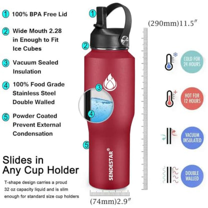32oz Water Bottle Wide Mouth Stainless Steel Vacuum Insulated Double Wall with Straw Lids Fit in Any Car Cup Holder (Red / 32 Ounces)