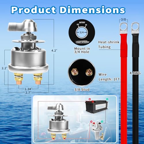 200A 12 48V High Current Master Battery Disconnect Switch Battery Power Cut Off Isolator Killer Switch with Face Plate for Car Vehicle RV Truck Boat Marine ATV (Battery Switch with Mounting Bracket and Cable)