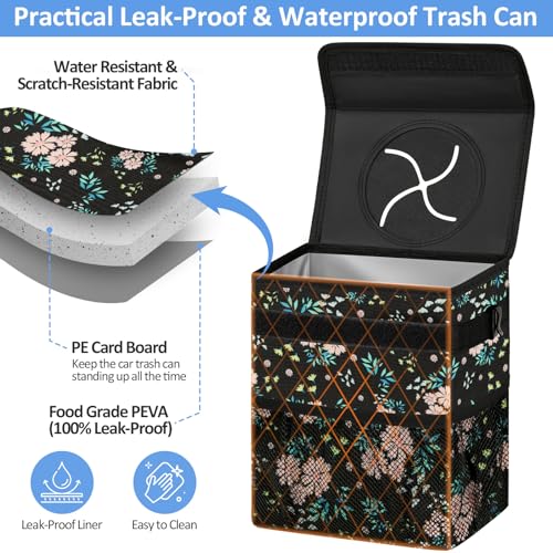 Leak Proof Car Trash Can with Lid Colorful Floral (Colorful Floral / 2 Gallons)
