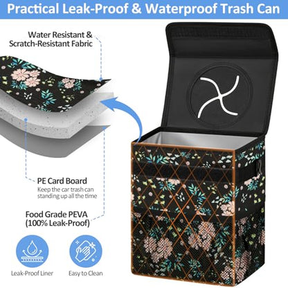 Leak Proof Car Trash Can with Lid Colorful Floral (Colorful Floral / 2 Gallons)