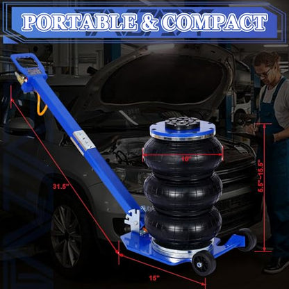 3T Triple Bag Air Jack 6600lbs Pneumatic Jack 3s Fast Lift Up 16in Airbag Jack with Adjustable Long Handle Heavy Duty Triple Air Bag Jack Lift for Cars Garage (3 Ton / blue)