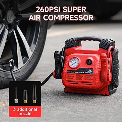 Car Battery Jump Starter with Air Compressor Portable Tire Inflator (Black)