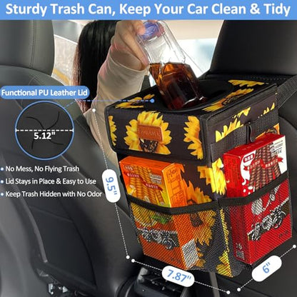 Leak Proof Car Trash Can with Lid Sunflower Floral (Sunflower / 2 Gallons)