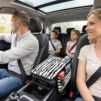 Animal Print Car Center Console Armrest Cover with 2 Side Pockets (Zebra Print)
