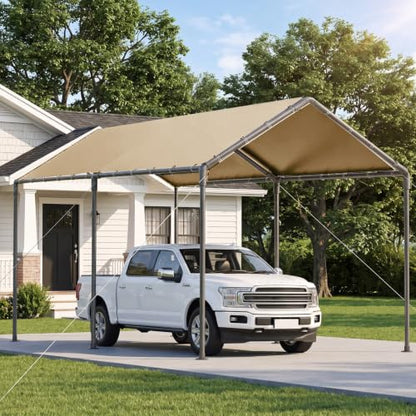 10'x20' Outdoor Heavy Duty Carport Storage Shed Portable Garage Boat Shelter Party Tent Waterproof & UV Galvanized Protected Tarp Beige (Beige / 10x20 FT（No Side）)