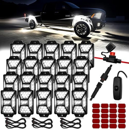 20 Pods Pure White LED Rock Lights Kit with Switch Wiring Harness (20 pods)