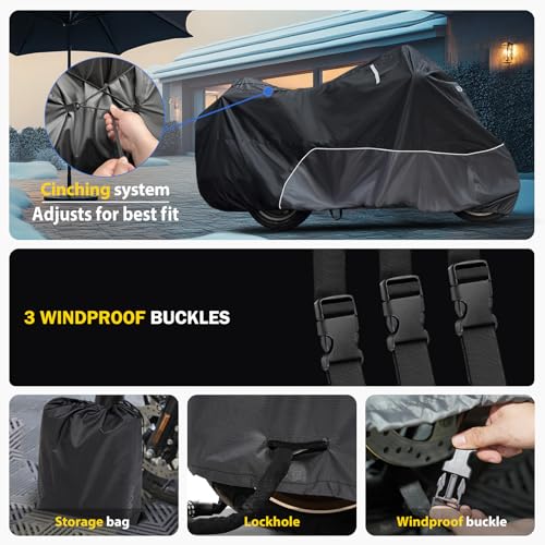 Motorcycle Cover for Harley Davidson Touring Waterproof Heavy Duty (110"-Touring Ultra)