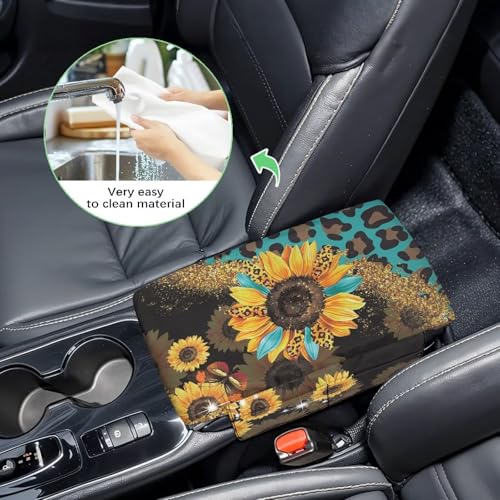 Sunflower Leopard Print Blue Car Center Console Cover Comfortable Armrest Seat Box Pad with Organizer Pockets Anti (Sunflower Leopard Print Blue)