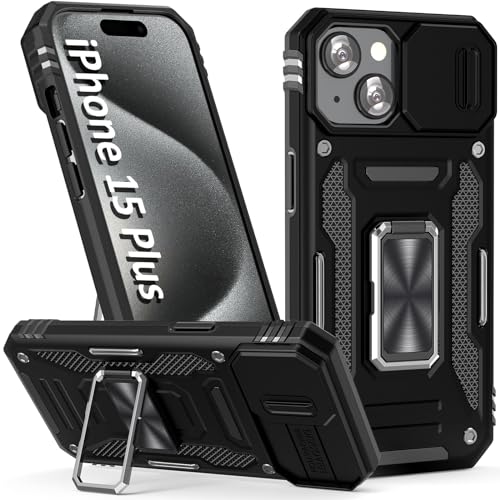 Heavy Duty Phone Case for 15 Plus Case with Slide Camera Cover Black (★ iPhone 15 Plus 【6.7 inches】 / Black)