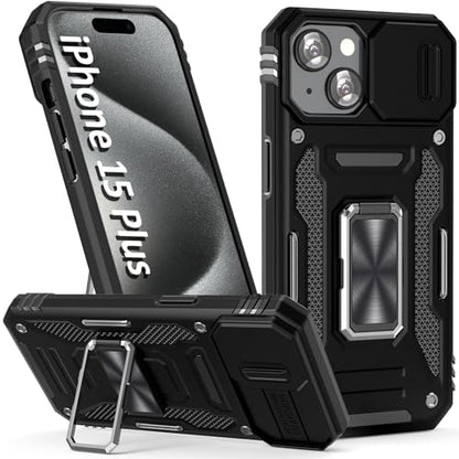Heavy Duty Phone Case for 15 Plus Case with Slide Camera Cover Black (★ iPhone 15 Plus 【6.7 inches】 / Black)