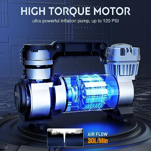 Portable Air Compressor Tire Inflator 12V Heavy Duty 120PSI Metal Pump Double Cylinder Digital Pressure Fast Inflate Auto Shutoff for Car SUV Motorcycle (Double Cylinder Air Compressor Pump)