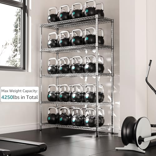 4250 LBS Garage Shelving Wide Storage Shelves 5 Tier Metal Shelves Heavy Duty Adjustable Utility Shelf Rack Chrome 17.7" D x 59.1" W x 70.4" H (5 Tier, 17.7" D x 59.1" W x 70.4" H / Chrome)