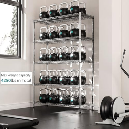 4250 LBS Garage Shelving Wide Storage Shelves 5 Tier Metal Shelves Heavy Duty Adjustable Utility Shelf Rack Chrome 17.7" D x 59.1" W x 70.4" H (5 Tier, 17.7" D x 59.1" W x 70.4" H / Chrome)