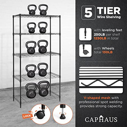 3/4/5-Tier Adjustable Height Wire Shelving Unit, Wire Rack Shelving, Metal Steel Storage Shelves, Garage Shelving Storage Organizer, Utility Storage Shelf, 5-Tier With Wheels, Black (5-tier / W/ Wheel)