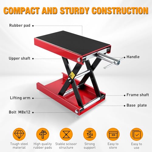 Motorcycle Lift Jack 1100 LBS Scissor Jack Stand Lift from 3.4" to 14.2" with Wide Deck Crank Handle Steel Scissor Hoist Garage Repair Lifter Table Jacks for Motorcycles ATV Dirt Bike (Red)
