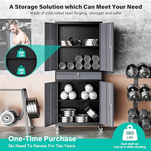 Metal Garage Storage Cabinet with Wheels and Drawer (73"H x 31.5"W x 16"D / Black Gray)