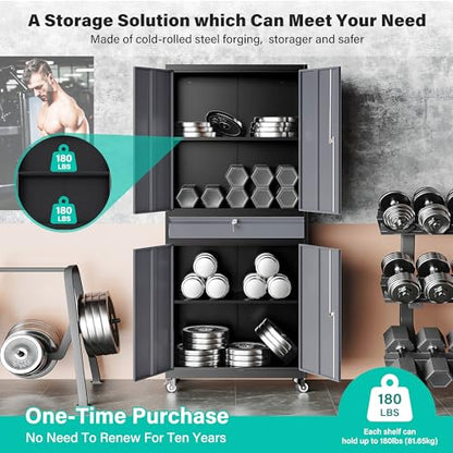 Metal Garage Storage Cabinet with Wheels and Drawer (73"H x 31.5"W x 16"D / Black Gray)