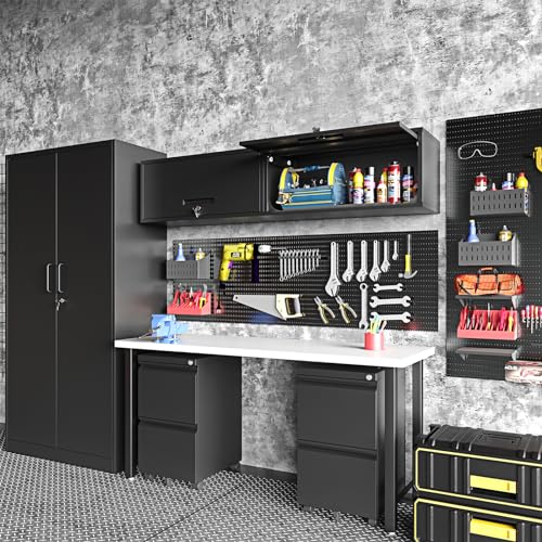 Small Wall Mounted Locking Cabinet Metal Garage Storage Cabinet Hanging Medicine Lockable Steel Utility Floating Tool 14" H Assembly Required Black (Black / 14" Tall)