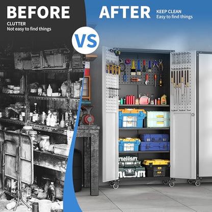 Metal Storage Cabinet for Garage (Black & Gray / L - 2 Doors & Pegboard (Wheeled))