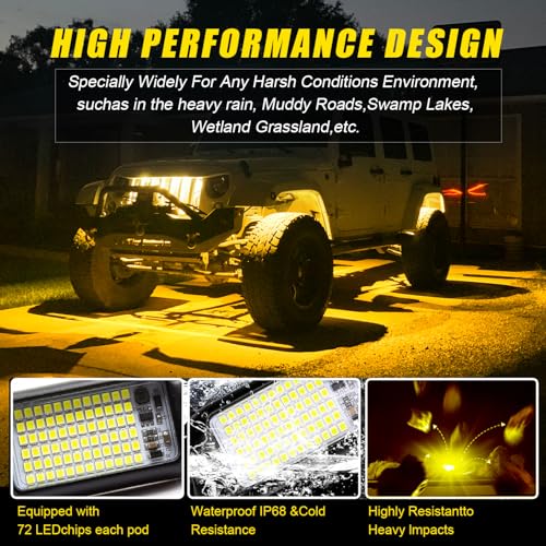 4Pods Pure Yellow 72 LEDs SMD Chips 72w High Power Rock Lights Super Bright Yellow Offroad Car Boat Underglow Lights IP68 Waterproof for Truck SUV UTV ATV RZR (Pure yellow rock lights - 4 pack)