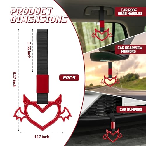 2 Pcs Devil Heart Shaped Car Handle Strap (Red-Wing)