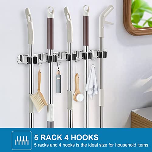 Broom Holder Wall Mount Stainless Steel Mop Organizer (Stainless Steel - 5 Racks with 4 Hooks / 1 Pack)