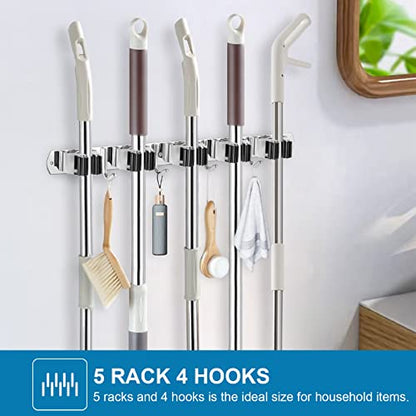Broom Holder Wall Mount Stainless Steel Mop Organizer (Stainless Steel - 5 Racks with 4 Hooks / 1 Pack)