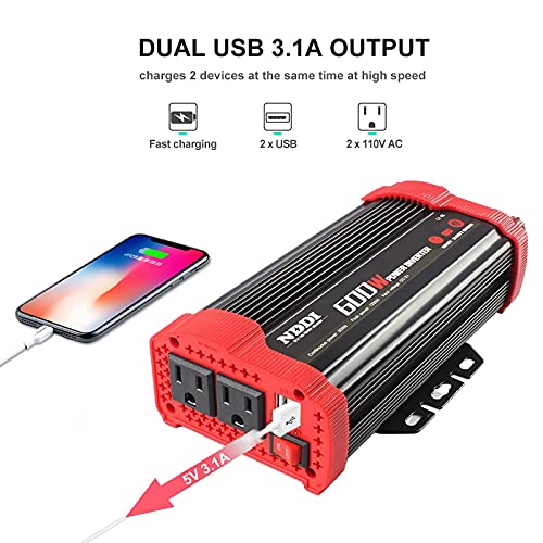 600W Car Power Inverter 12V DC to 110V AC Converter (600W Red)