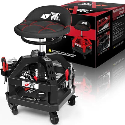 Rolling Shop Stool for Garage with Casters (Black With Magnetic Tool Hold)