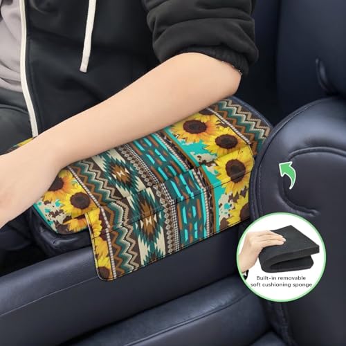 Aztec Sunflower Blue Auto Center Console Cover Soft Armrest Box Pad Protector Middle Console Cover with Pockets Storage Bag Hand Rest Pillow Car Interior Decor Accessories (Aztec Sunflower Blue)