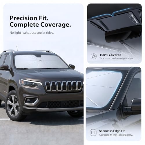 2026 Upgraded Windshield Sun Shade Umbrella for Jeep Cherokee [Precision Custom Fit (For Jeep Cherokee (2000-2001, 2014-2023))