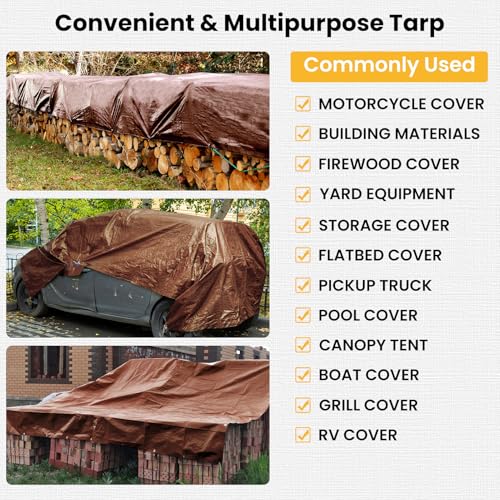 Tarp 8x10FT 16 Mil Heavy Duty Waterproof Tarp (Brown/Black-16mil / 8'x10')