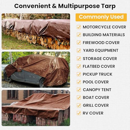 Tarp 8x10FT 16 Mil Heavy Duty Waterproof Tarp (Brown/Black-16mil / 8'x10')