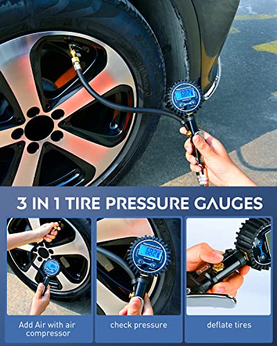 50057A Digital Tire Inflator Deflator with Pressure Gauge 250 PSI Air Chuck and Compressor Accessories with Rubber Hose and Quick Connect Coupler for 0.1 Display Resolution (Tire Inflator Gauge Style 2)
