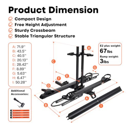 E2 Plus Electric Bike Rack with Ramp 200lbs 5‘’ Tire (E2 Plus 3position foldable Black-200lb Capacity+Ramp)