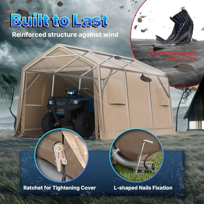 10X15 ft Garage Shelter Steel Metal Peak Roof Portable Storage Shed Carports for Motorcycle Boat (Beige / 10'x15')
