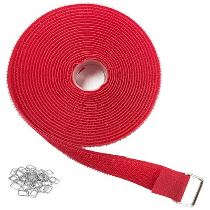 1"x16ft Hook and Loop Straps with 25 Metal Buckles (1in x 16ft Red)