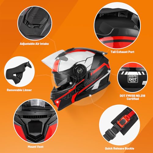 Modular Motorcycle Helmets Full Face Flip up Street Bike Motorcycle Helmet for Unisex Adult Rocket Black (Rocket Black / Large)