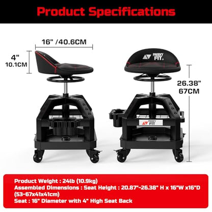 Rolling Shop Stool for Garage with Casters (Black With Magnetic Tool Hold)