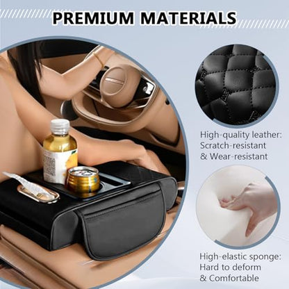 5-in-1 Center Console Cover with Cup Holder & Phone Slot, Universal Car Armrest Cushion Organizer, Leather Armrest Cover for Car (Style-A)