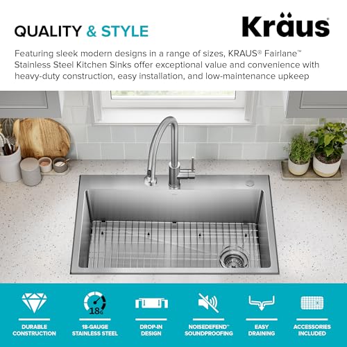 Stainless Steel 33 in 18 Gauge Drop In Kitchen Sink KHT640 (33 Inch / Single Bowl — Drop In)