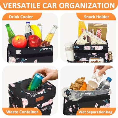 Car Trash Can with Lid Leak Proof Car Accessories for Women (2.2 Gallons / Black Floral)