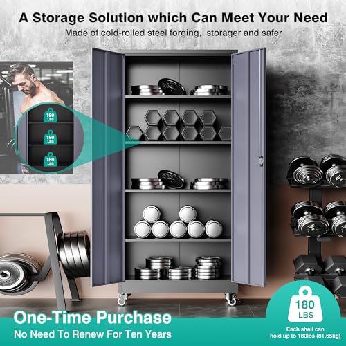 75" Tall Metal Storage Cabinet with Wheels (75"H x 31.5"W x 16"D / Black Gray)