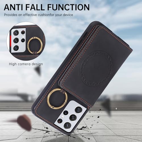 Compatible with Samsung Galaxy S21 Ultra 5G Wallet Case and Screen Protector Crossbody Shoulder Strap Ring Buckle Stand Card Holder Phone Cover for S21ultra 21S S 21 21ultra G5 Women Men Black (Black / for S21 Ultra)